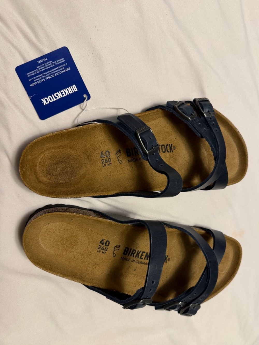Birkenstock Navy Leather Two-Strap Slide